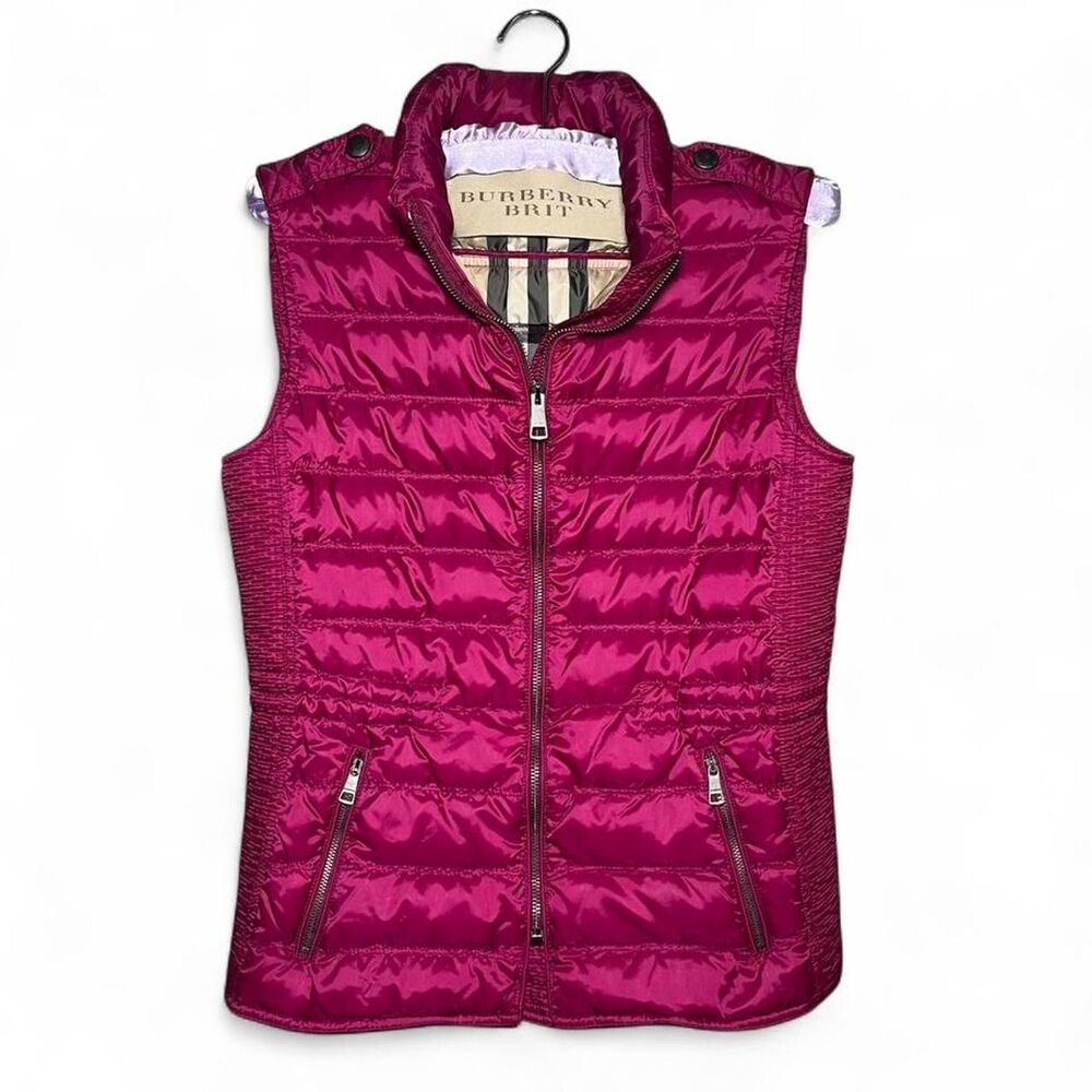 Burberry Brit Cranstead Check Quilted Down Vest Puffer Gilet Garnet Pink Sz Med